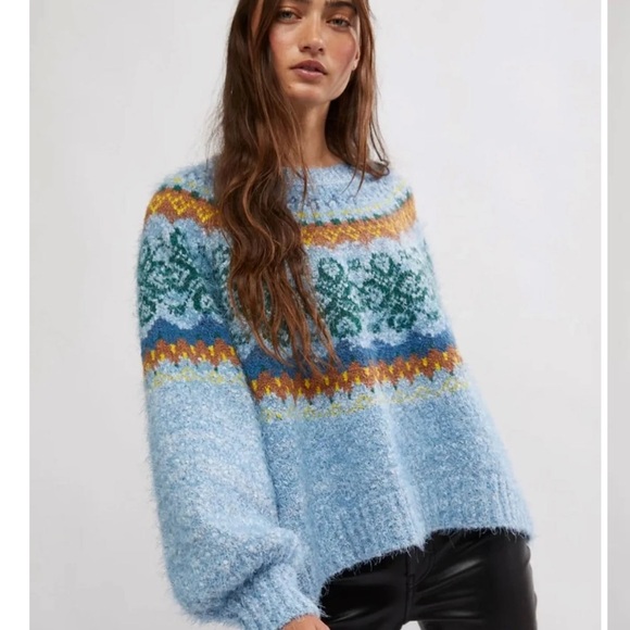 Free People Festive Frost Pullover Sweater - Ice Blue Combo - Sz Medium - Picture 3 of 11